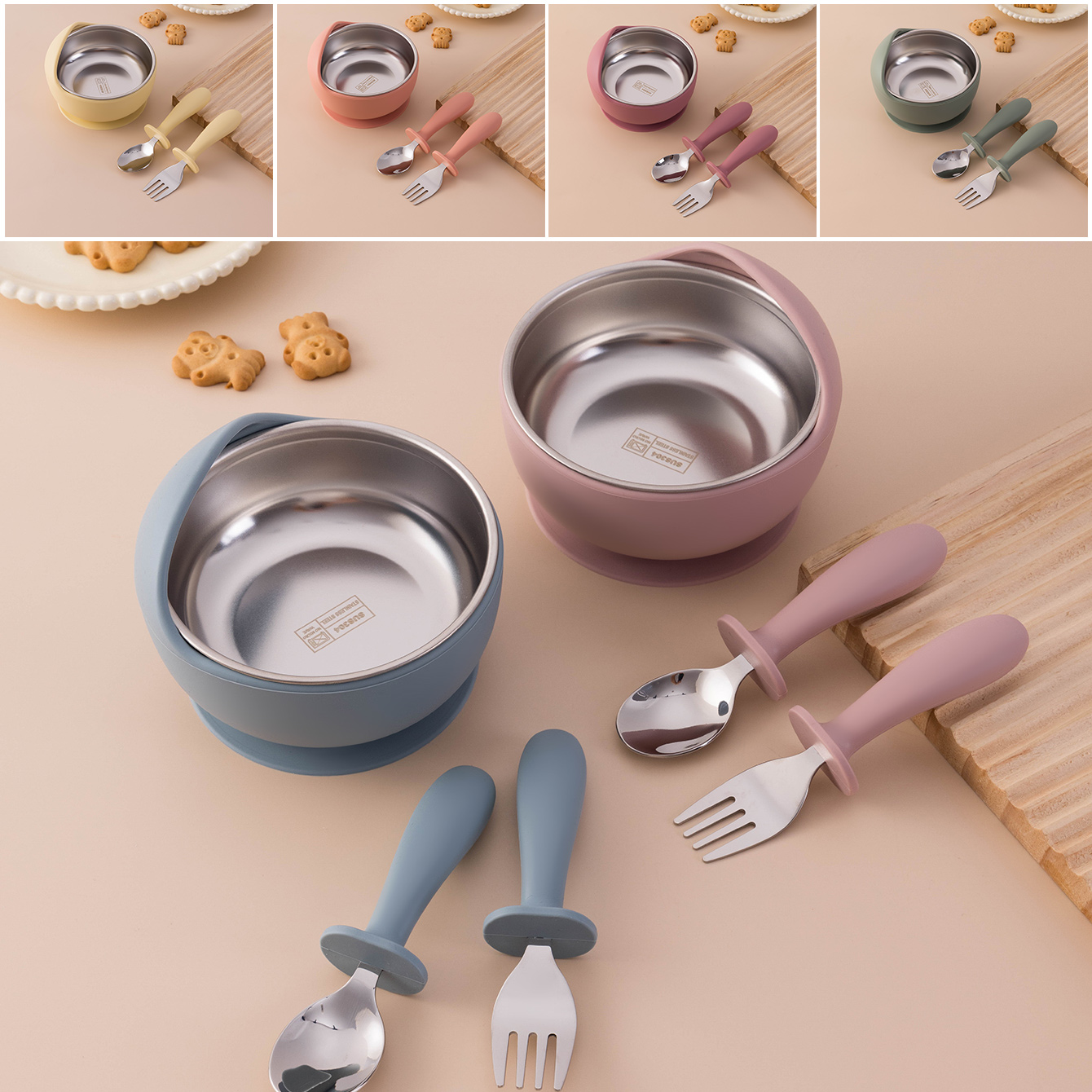 Silicone Suction Bowl - Cor crianças 3 pçs de aço